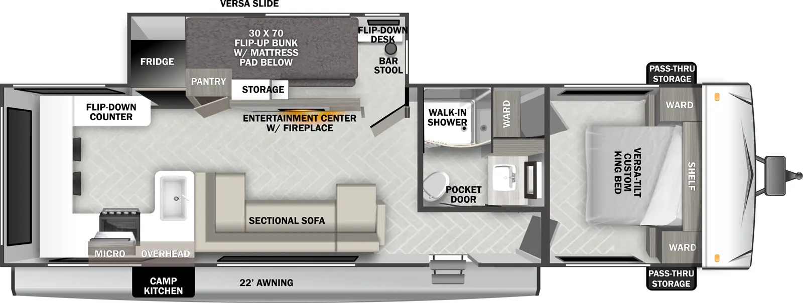 The Evo Southwest T2920 floorplan has one entry and one slide out. Exterior features include: metal exterior, 22' awning and outside kitchen. Interiors features include: bunk beds, rear kitchen and front bedroom.